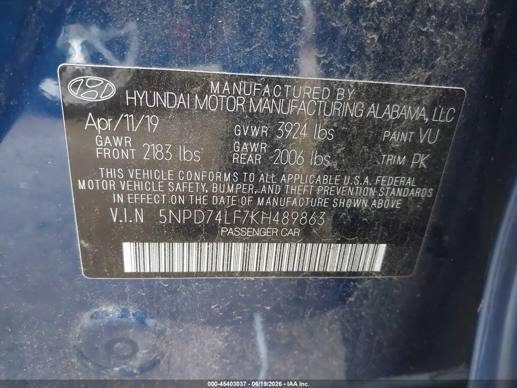 5NPD74LF7KH489863 2019 HYUNDAI ELANTRA photo no. 9
