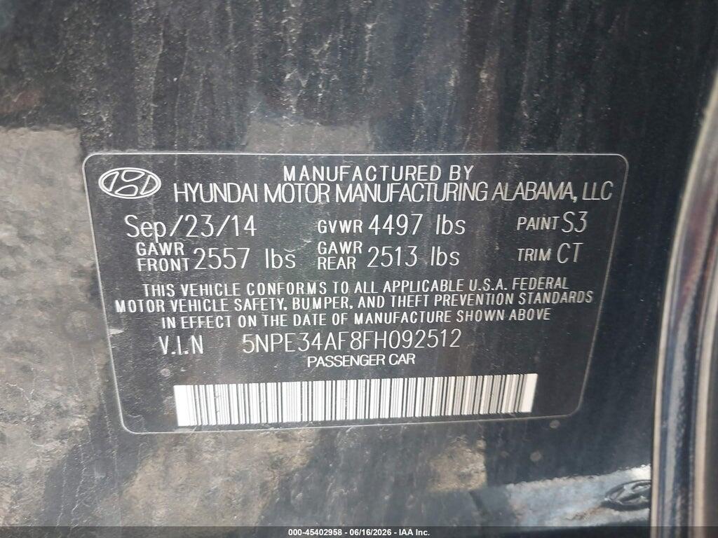 5NPE34AF8FH092512 2015 HYUNDAI SONATA photo no. 9