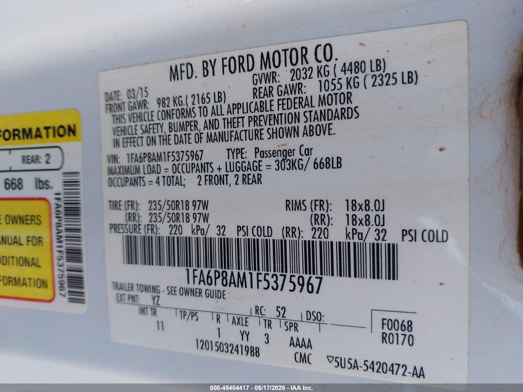 1FA6P8AM1F5375967 2015 FORD MUSTANG photo no. 9