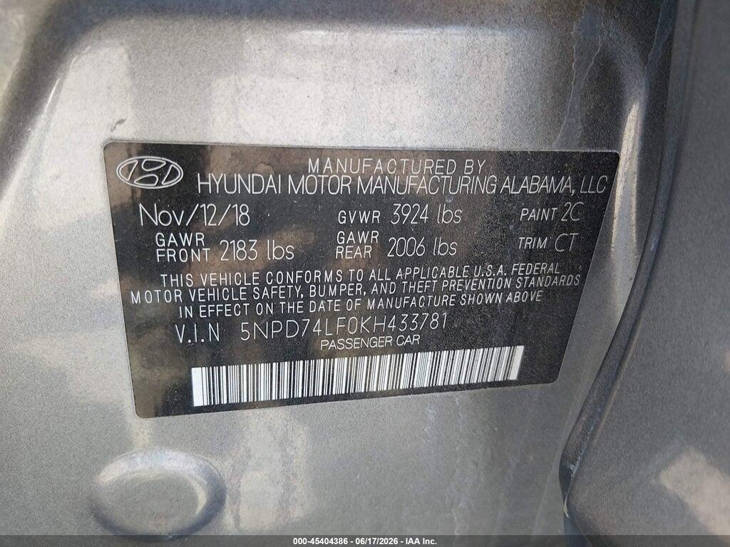 5NPD74LF0KH433781 2019 HYUNDAI ELANTRA photo no. 9