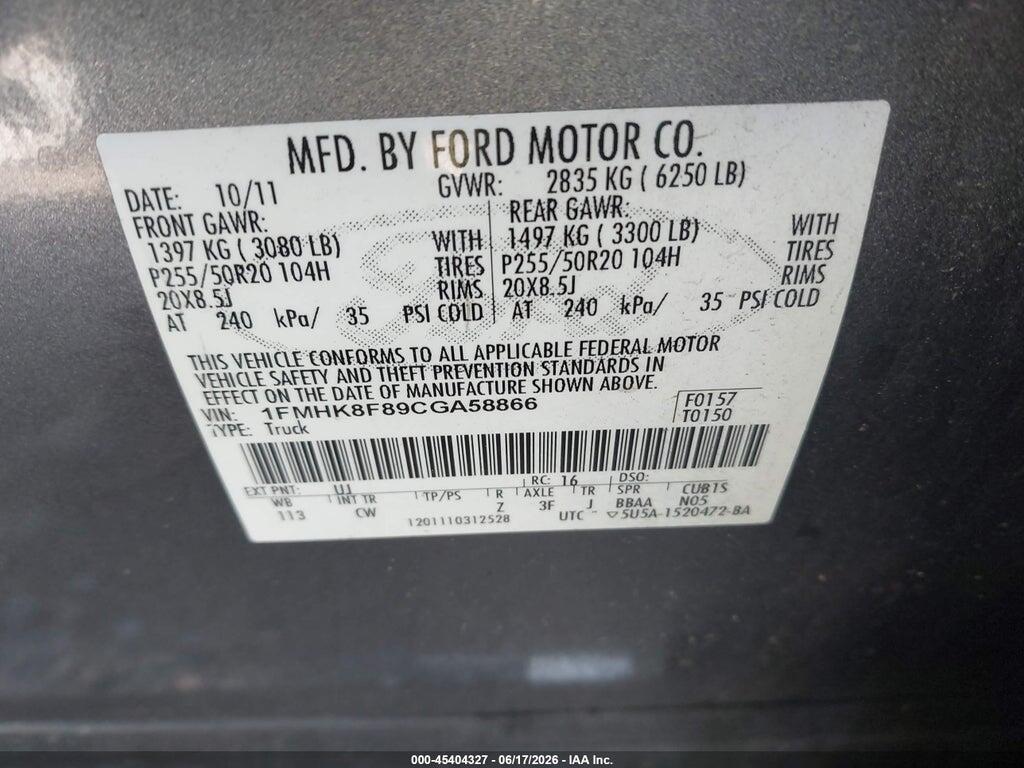 1FMHK8F89CGA58866 2012 FORD EXPLORER photo no. 9