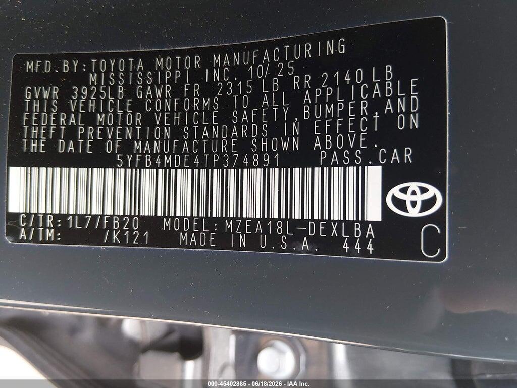 5YFB4MDE4TP374891 2026 TOYOTA COROLLA photo no. 9