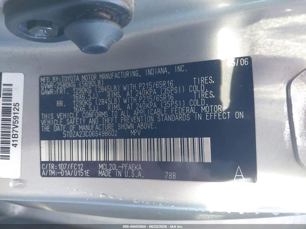 5TDZA23C06S498602 2006 TOYOTA SIENNA photo no. 9