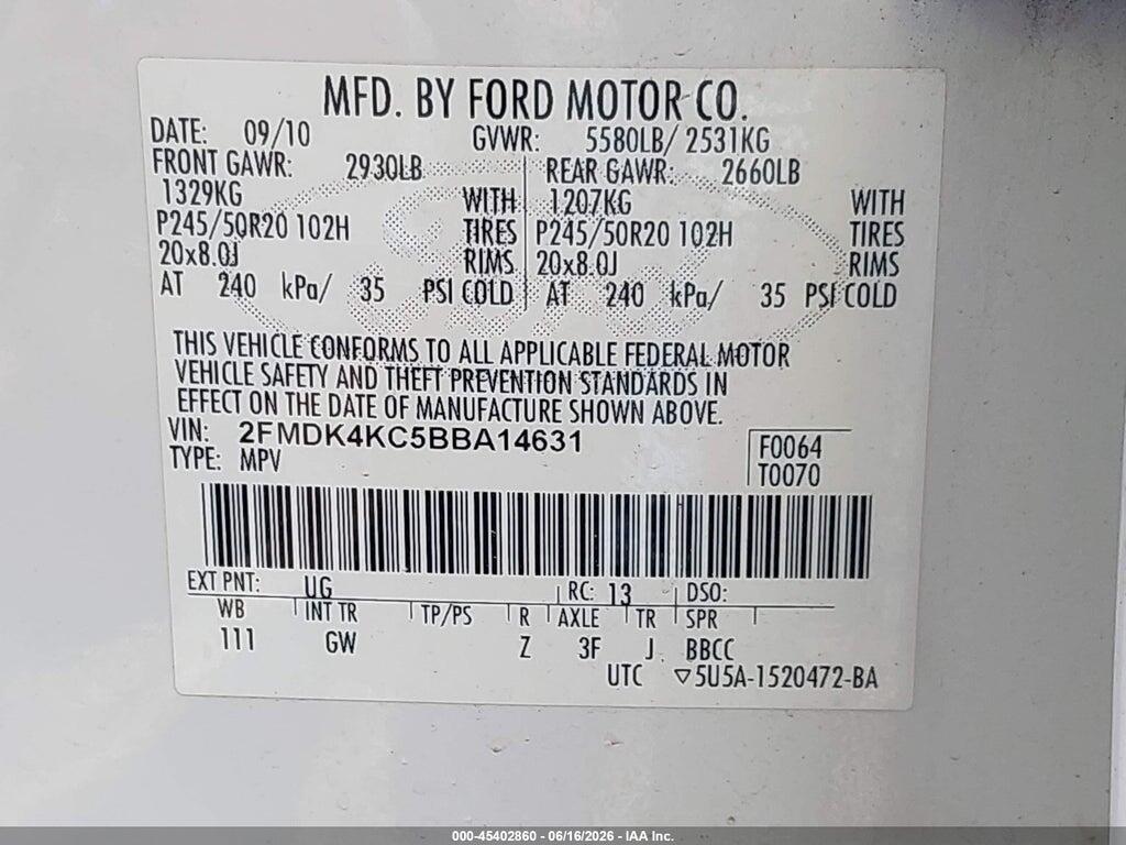 2FMDK4KC5BBA14631 2011 FORD EDGE photo no. 9