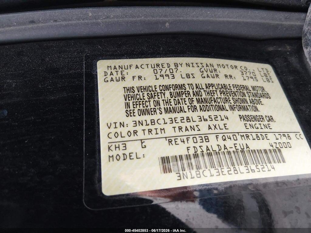 3N1BC13E28L365214 2008 NISSAN VERSA photo no. 9