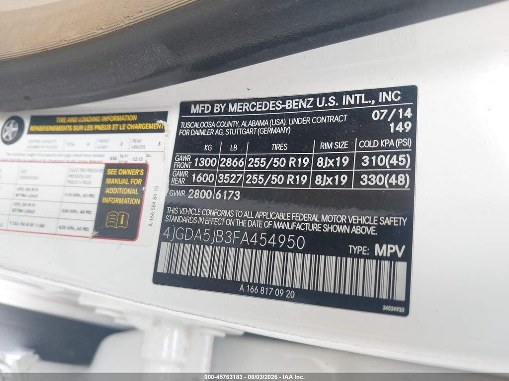 4JGDA5JB3FA454950 2015 MERCEDES-BENZ ML 350 photo no. 9