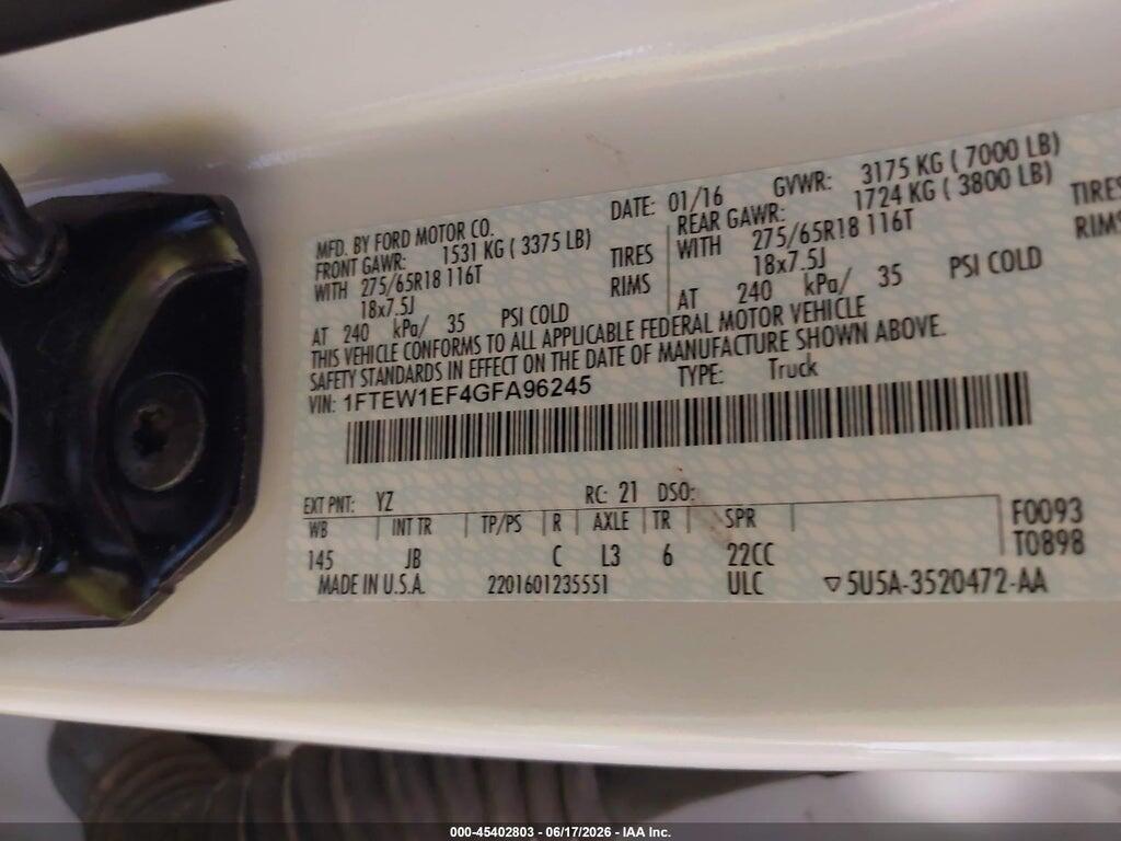 1FTEW1EF4GFA96245 2016 FORD F-150 photo no. 9