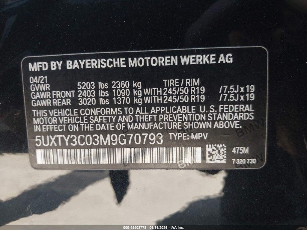 5UXTY3C03M9G70793 2021 BMW X3 photo no. 9