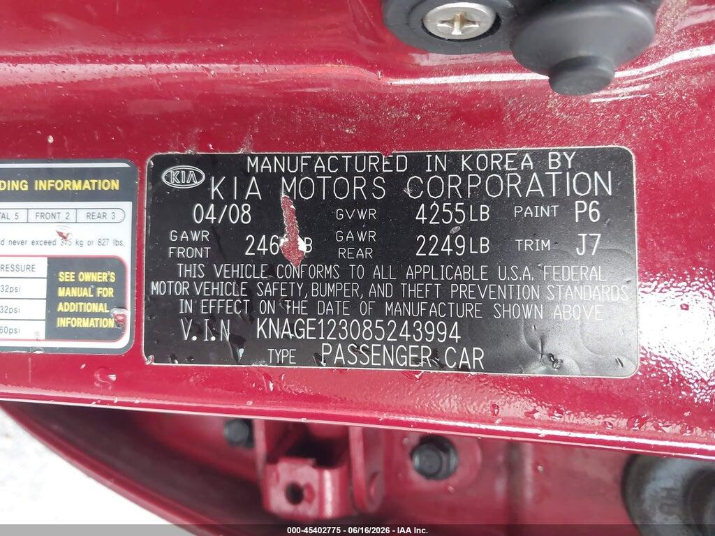 KNAGE123085243994 2008 KIA OPTIMA photo no. 9