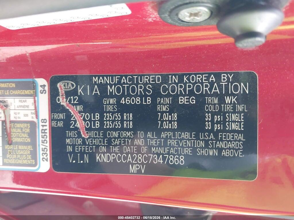 KNDPCCA28C7347868 2012 KIA SPORTAGE photo no. 9