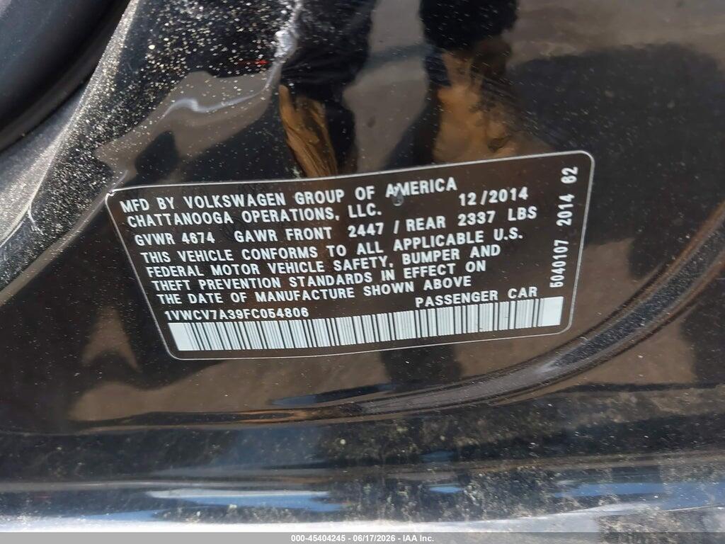 1VWCV7A39FC054806 2015 VOLKSWAGEN PASSAT photo no. 9