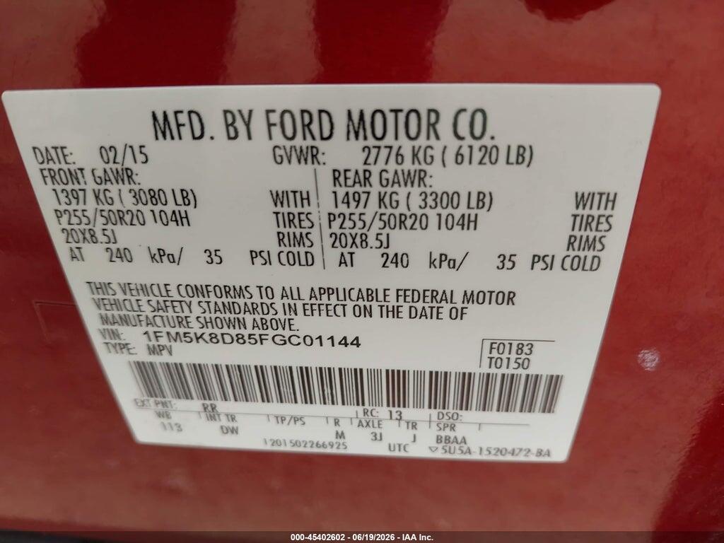 1FM5K8D85FGC01144 2015 FORD EXPLORER photo no. 9