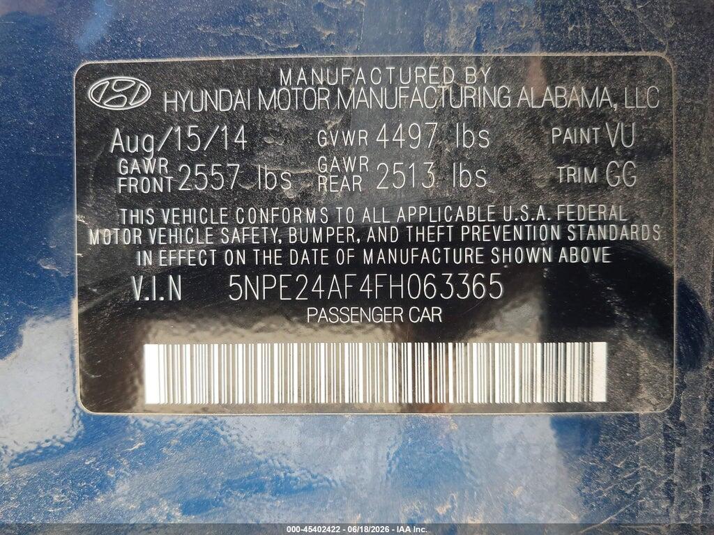 5NPE24AF4FH063365 2015 HYUNDAI SONATA photo no. 9