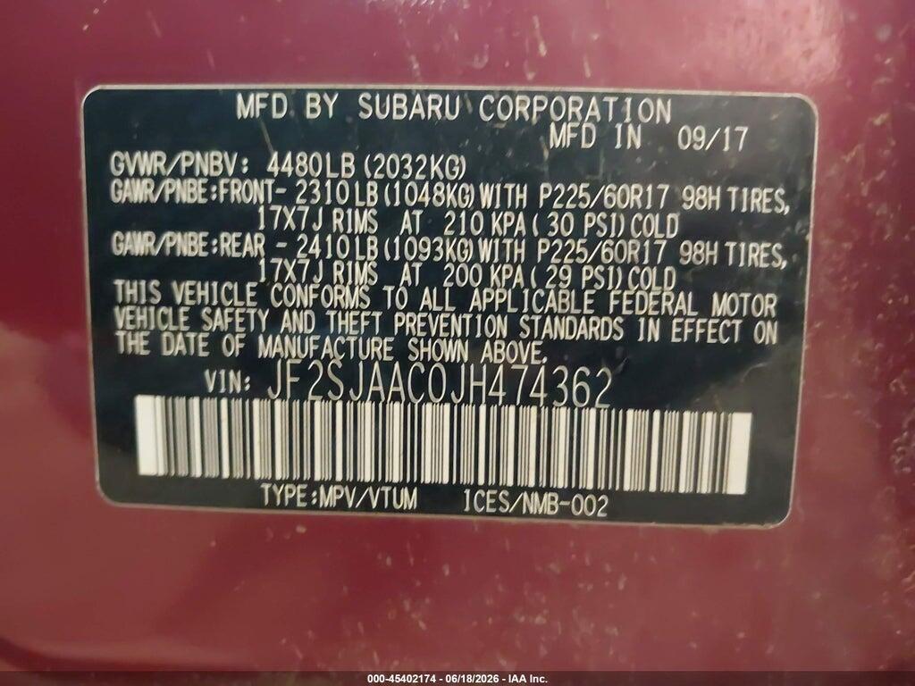 JF2SJAAC0JH474362 2018 SUBARU FORESTER photo no. 9