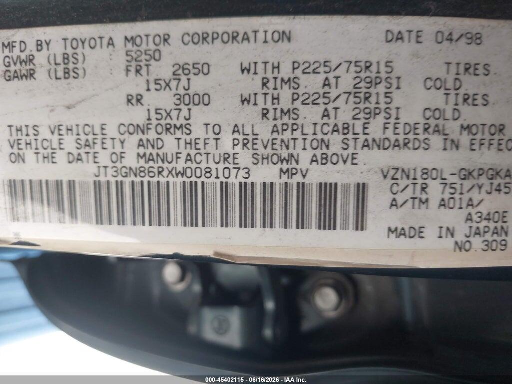 JT3GN86RXW0081073 1998 TOYOTA 4RUNNER photo no. 9