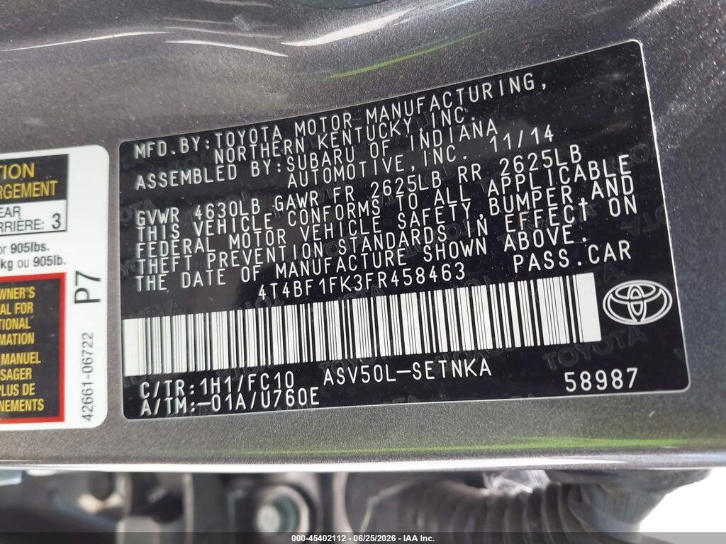 4T4BF1FK3FR458463 2015 TOYOTA CAMRY photo no. 9
