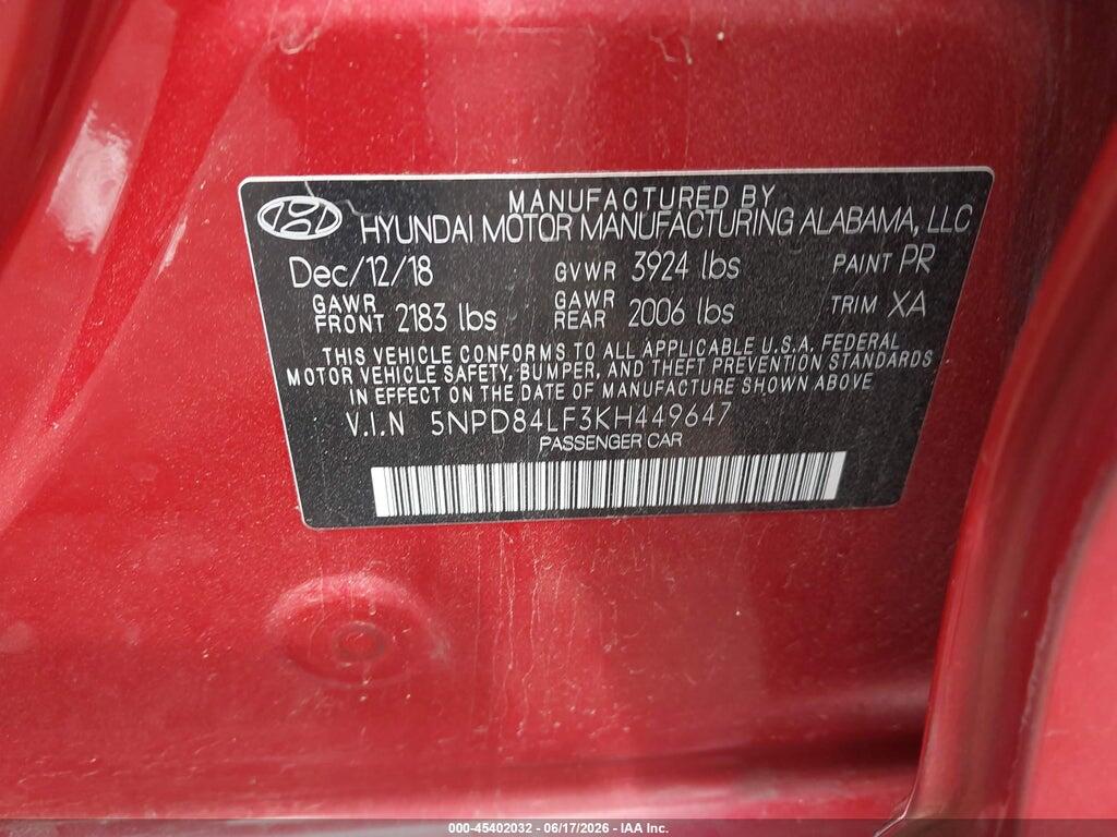 5NPD84LF3KH449647 2019 HYUNDAI ELANTRA photo no. 9