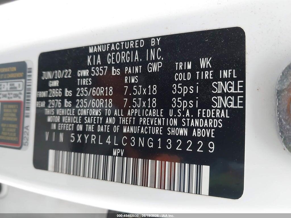 5XYRL4LC3NG132229 2022 KIA SORENTO photo no. 9