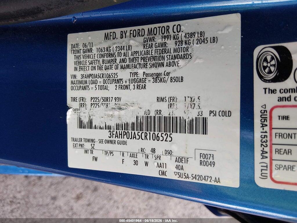 3FAHP0JA5CR106525 2012 FORD FUSION photo no. 9