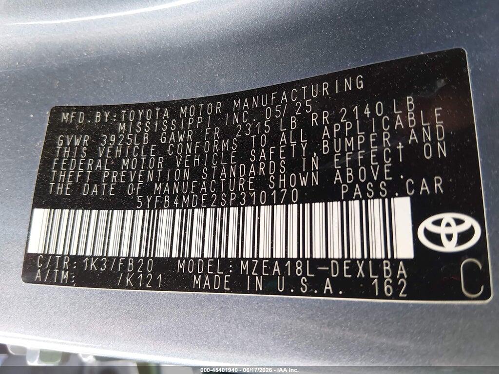 5YFB4MDE2SP310170 2025 TOYOTA COROLLA photo no. 9
