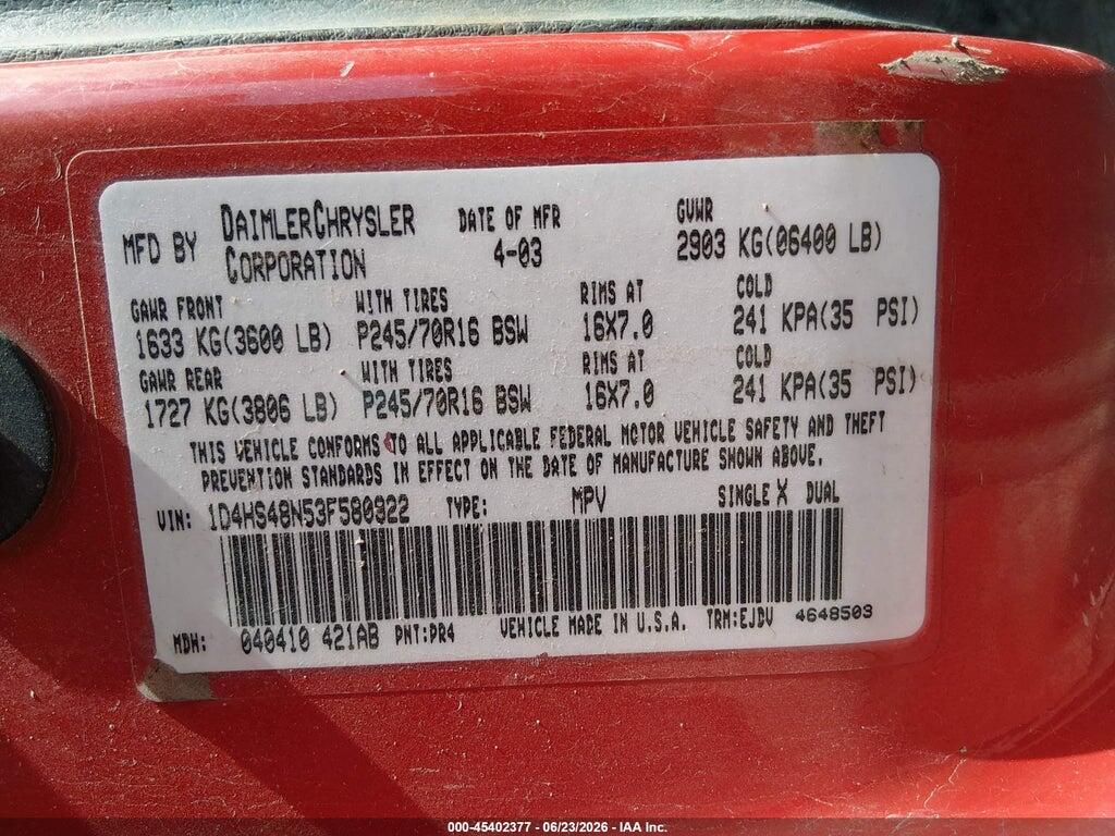 1D4HS48N53F580922 2003 DODGE DURANGO photo no. 9