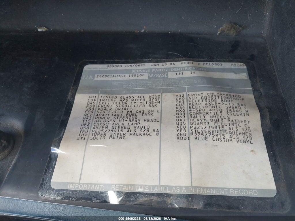 2GCDC14H7G1155108 1986 CHEVROLET C10 photo no. 9