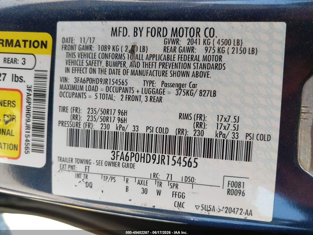 3FA6P0HD9JR154565 2018 FORD FUSION photo no. 9