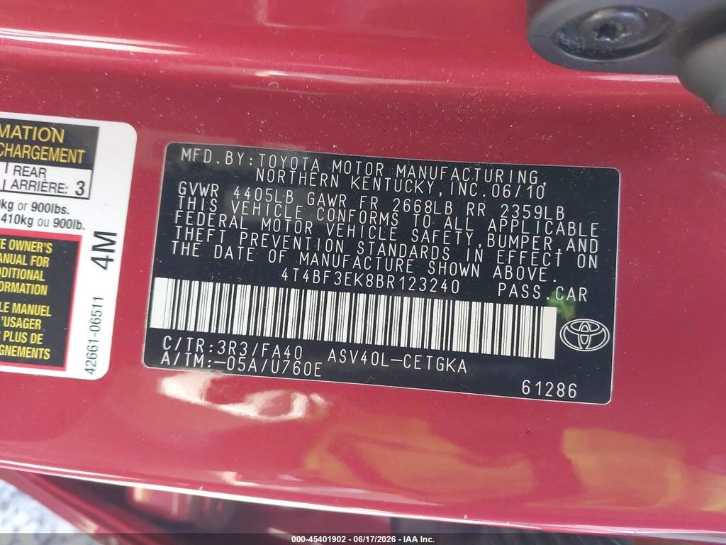 4T4BF3EK8BR123240 2011 TOYOTA CAMRY photo no. 9
