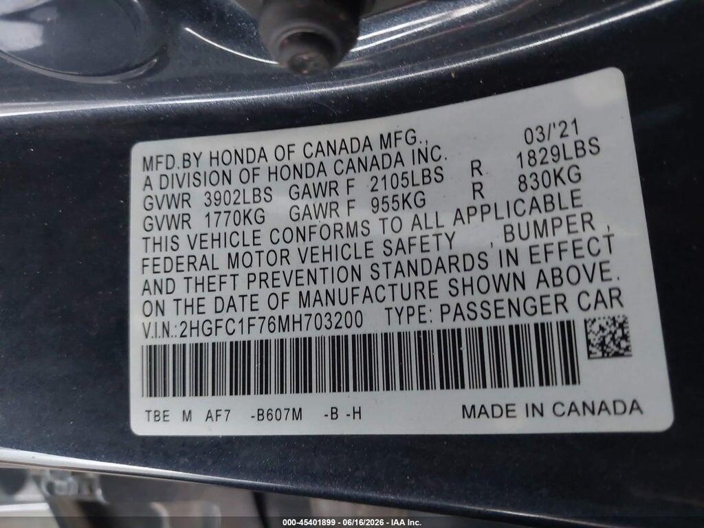 2HGFC1F76MH703200 2021 HONDA CIVIC photo no. 9