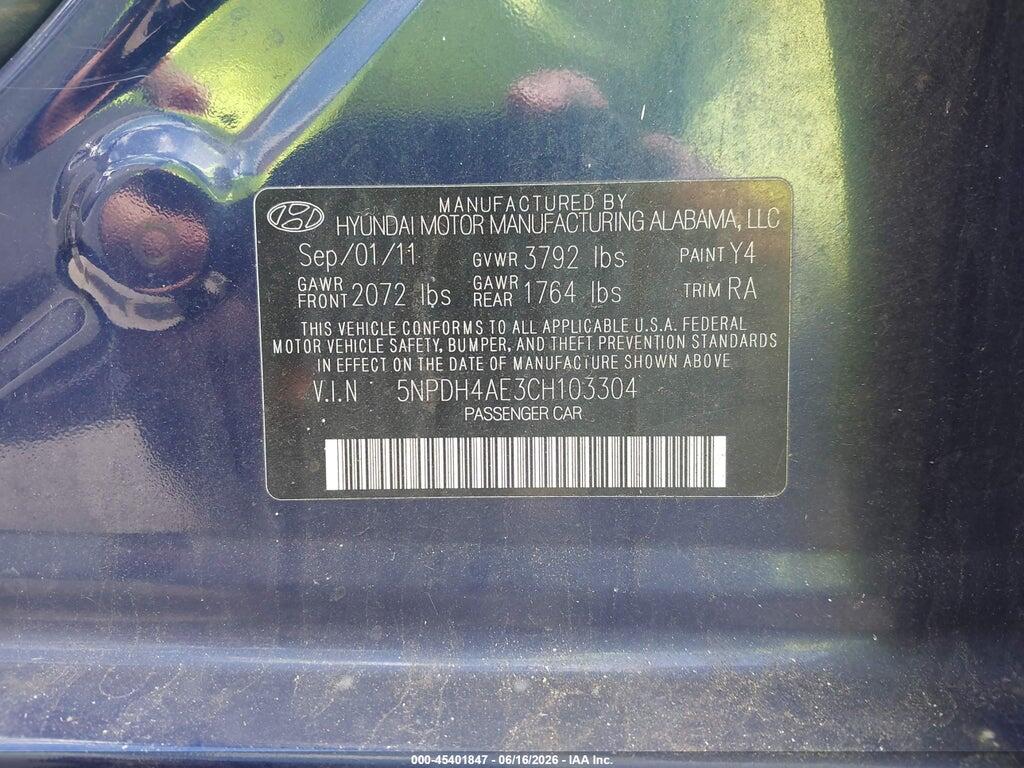5NPDH4AE3CH103304 2012 HYUNDAI ELANTRA photo no. 9