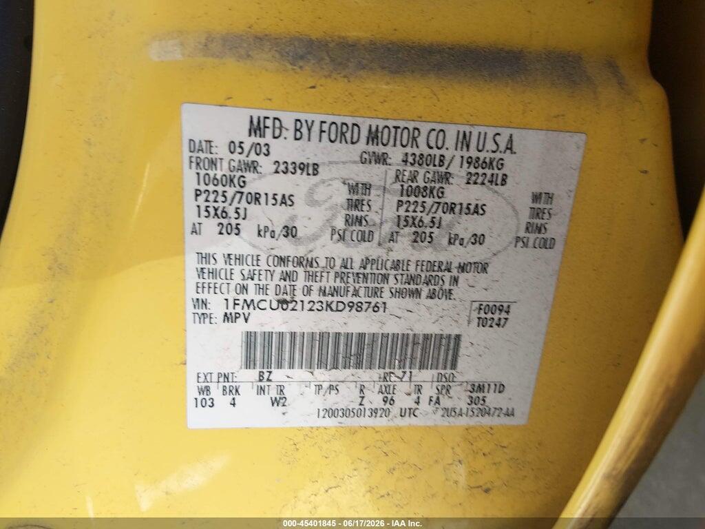 1FMCU02123KD98761 2003 FORD ESCAPE photo no. 9