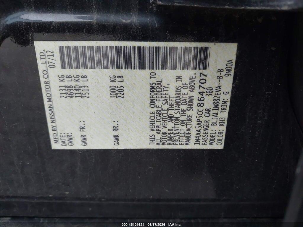 1N4AA5AP5CC864707 2012 NISSAN MAXIMA photo no. 9
