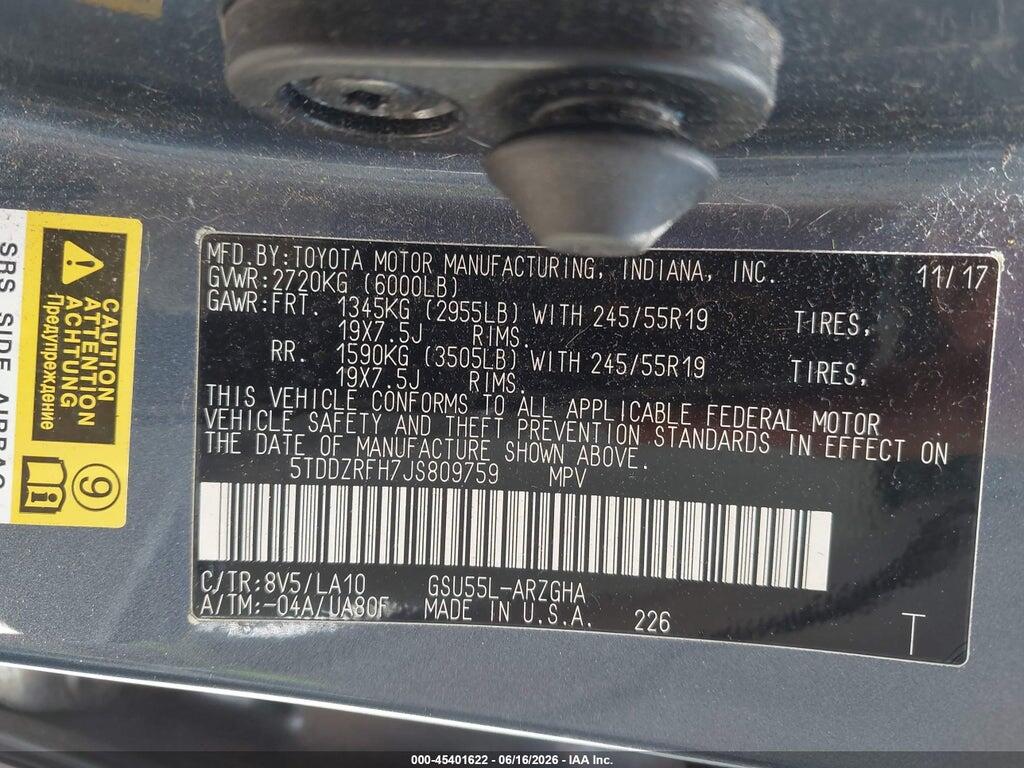 5TDDZRFH7JS809759 2018 TOYOTA HIGHLANDER photo no. 9