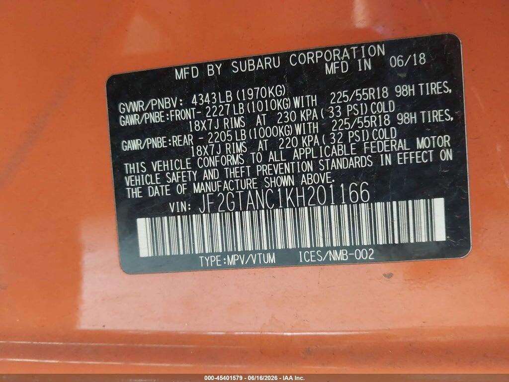 JF2GTANC1KH201166 2019 SUBARU CROSSTREK photo no. 9