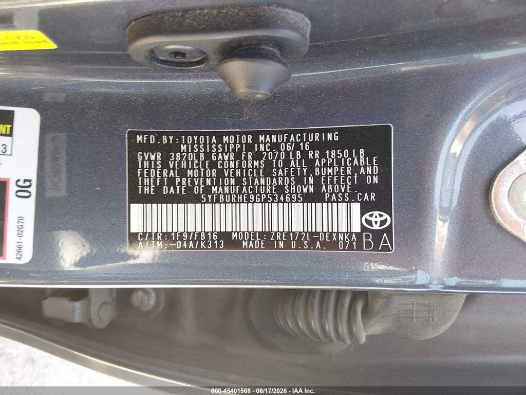 5YFBURHE9GP534695 2016 TOYOTA COROLLA photo no. 9