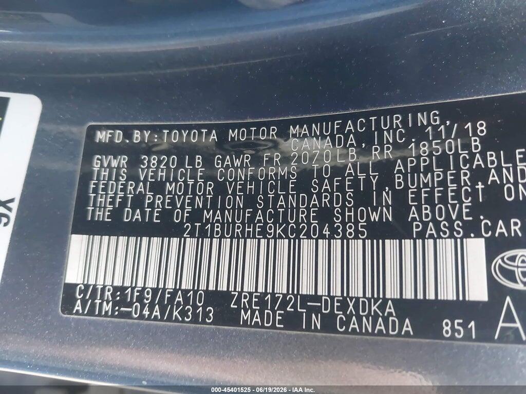 2T1BURHE9KC204385 2019 TOYOTA COROLLA photo no. 9