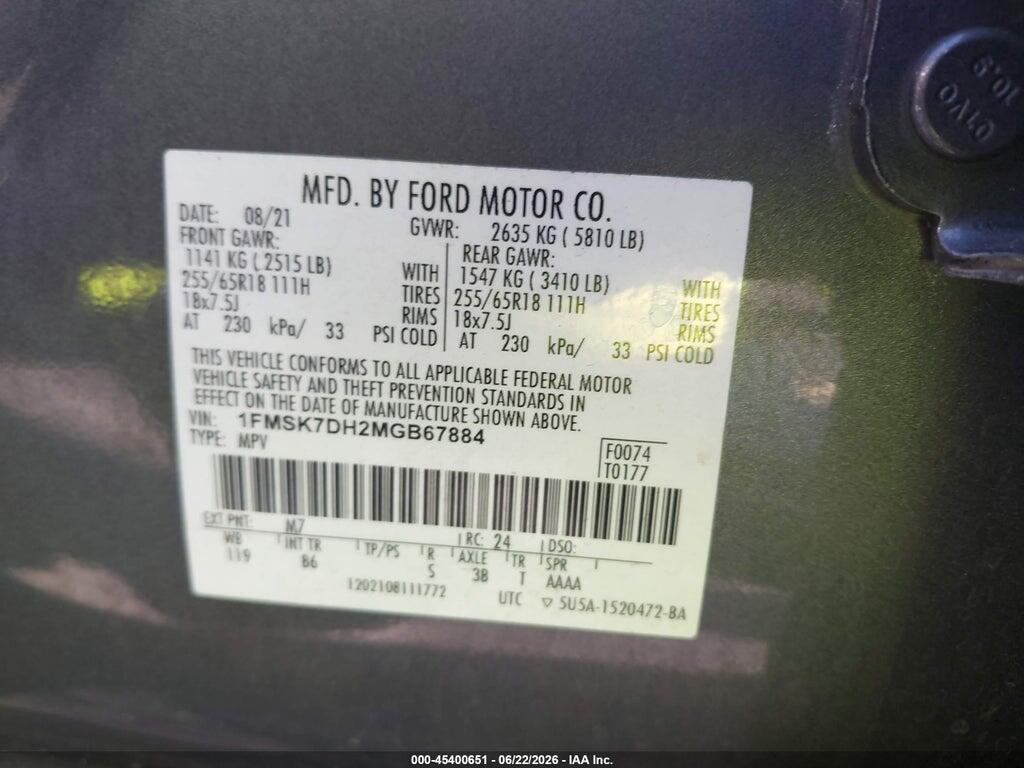1FMSK7DH2MGB67884 2021 FORD EXPLORER photo no. 9