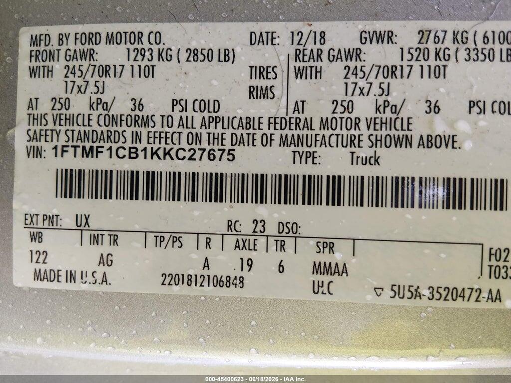 1FTMF1CB1KKC27675 2019 FORD F-150 photo no. 9
