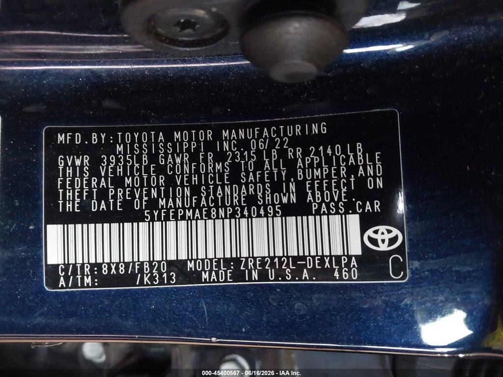 5YFEPMAE8NP340495 2022 TOYOTA COROLLA photo no. 9