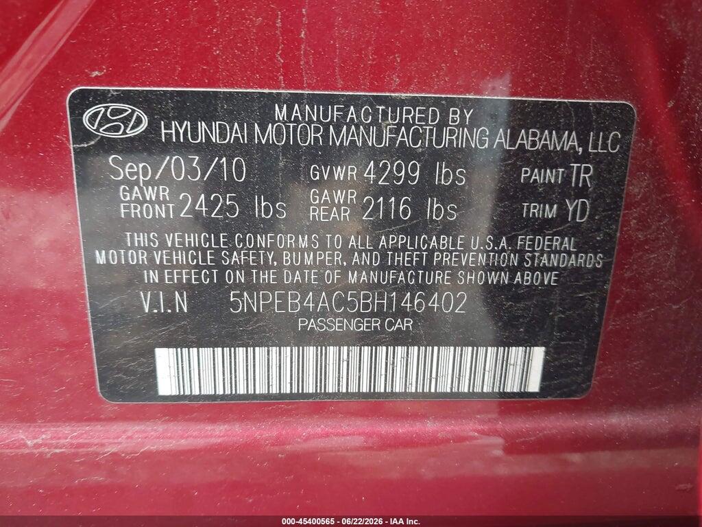5NPEB4AC5BH146402 2011 HYUNDAI SONATA photo no. 9