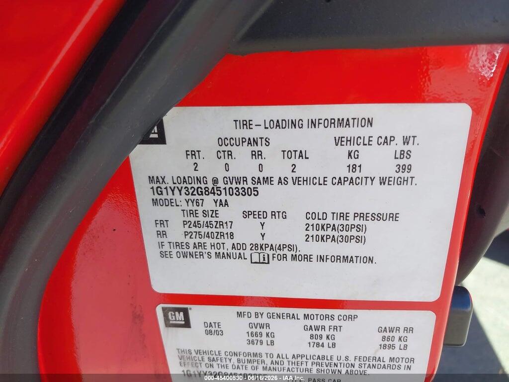 1G1YY32G845103305 2004 CHEVROLET CORVETTE photo no. 9