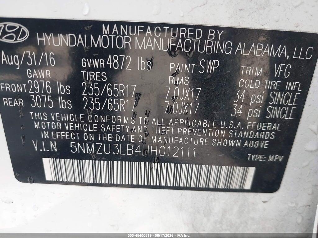 5NMZU3LB4HH012111 2017 HYUNDAI SANTA FE SPORT photo no. 9
