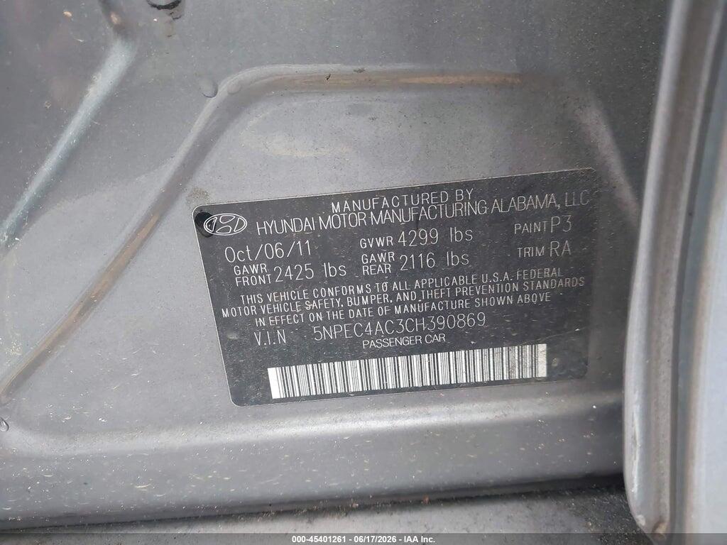 5NPEC4AC3CH390869 2012 HYUNDAI SONATA photo no. 9