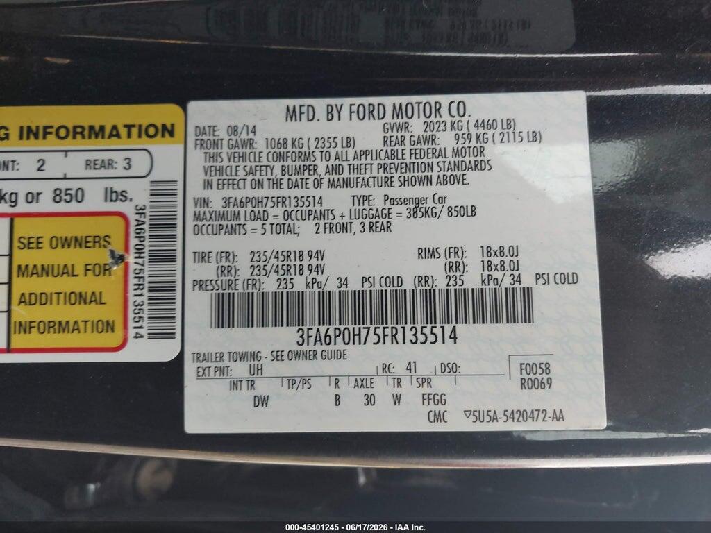 3FA6P0H75FR135514 2015 FORD FUSION photo no. 9