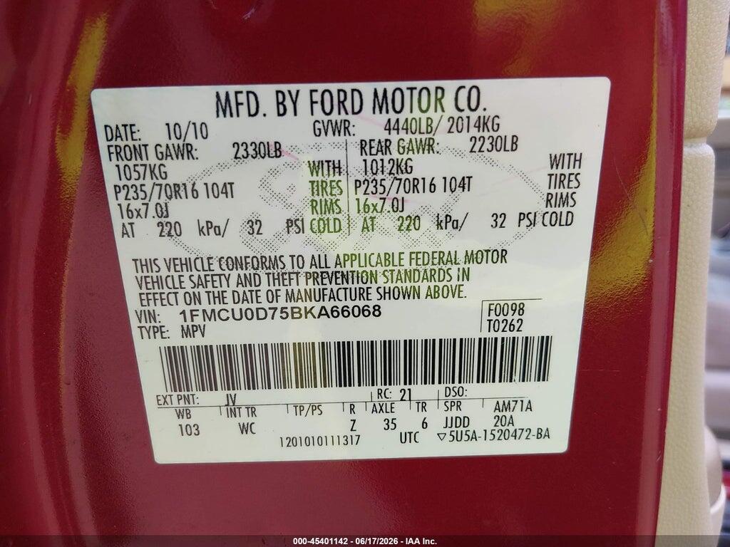 1FMCU0D75BKA66068 2011 FORD ESCAPE photo no. 9