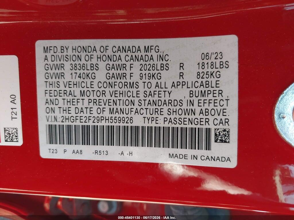 2HGFE2F29PH559926 2023 HONDA CIVIC photo no. 9