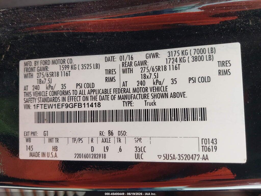 1FTEW1EF9GFB11418 2016 FORD F-150 photo no. 9