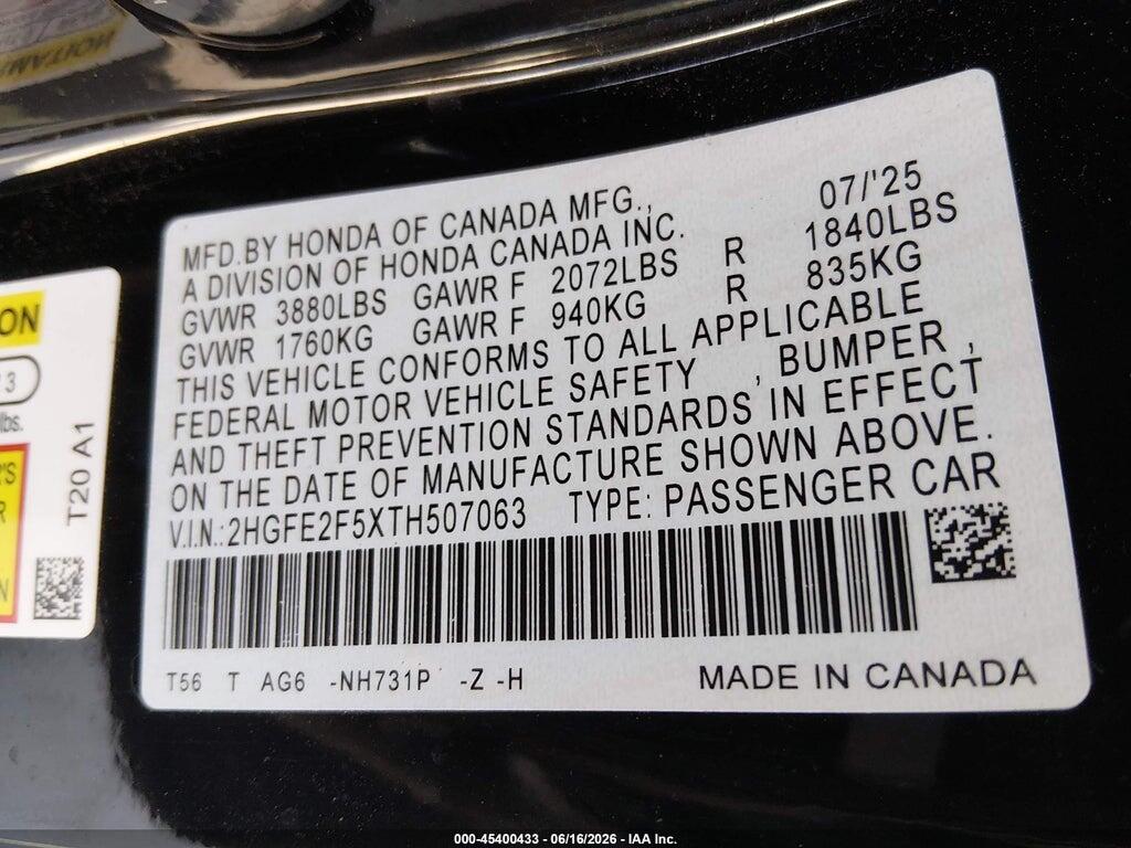 2HGFE2F5XTH507063 2026 HONDA CIVIC photo no. 9