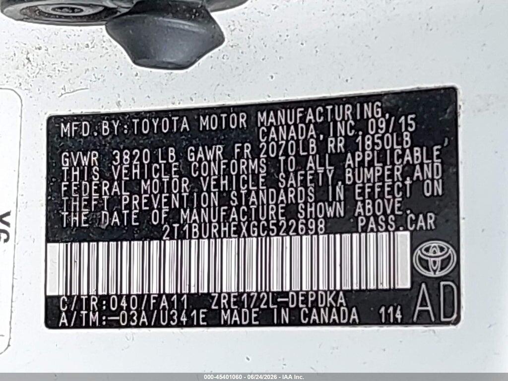 2T1BURHEXGC522698 2016 TOYOTA COROLLA photo no. 9