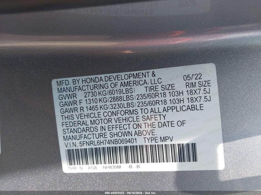 5FNRL6H74NB069401 2022 HONDA ODYSSEY photo no. 9